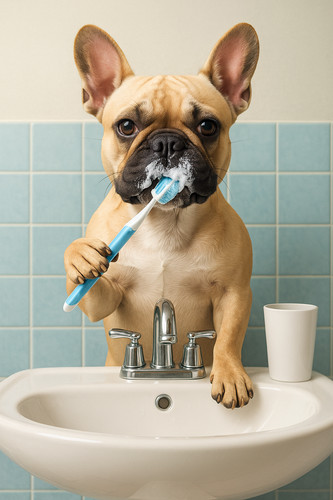 French bulldog brushing teeth - bulldog,